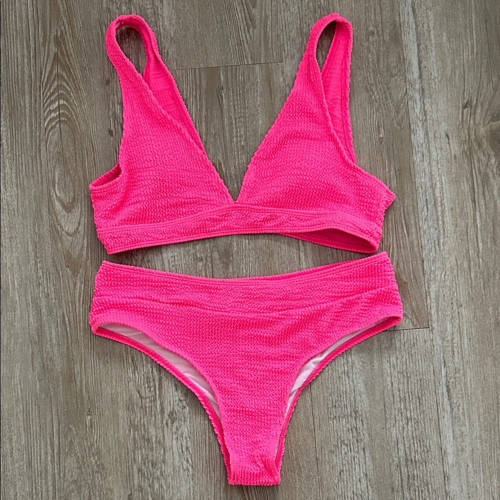 Hot Pink Crinkle textured High Rise High Cut Bikini